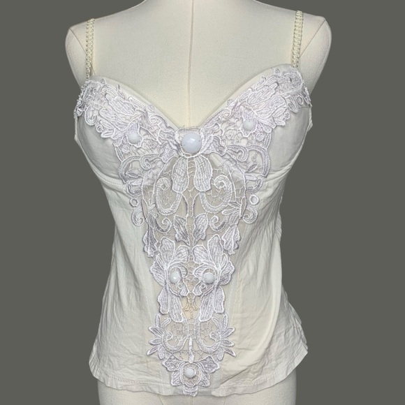 Vintage Y2K Strappy Sweetheart Neckline Tank Top White Embellished Lace - Picture 1 of 11
